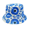 Detailed view of bucket hat with blue evil eye graffiti pattern on premium canvas - M (56-58cm) / Beige