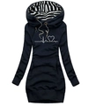Detail of navy hoodie dress with striped hood lining and heart print on a white background - S / Tops / Navy Blue (Heart Print)
