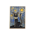 Rectangular enamel pin featuring a black cat sitting under a starry night oil painting - Starry Night Black Cat Luna (xz9443)