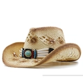 Cappello da cowboy in paglia con fascia etnica turchese e trama traforata traspirante - 02 Kaki Riso