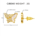Detail showing dimensions of butterfly stud earrings with shell and zircon inlay - Gold