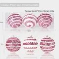Pink Christmas glitter foam ball ornaments 3-piece set in transparent gift box packaging - 8cm / Pink