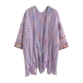 Purple knit poncho cardigan with ethnic geometric patterns and stylish long tassels - Purple