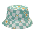 Detail of mint green checkerboard bucket hat featuring daisy floral print and cotton texture - Green