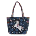Ethnic blue woven tote bag featuring a colorful unicorn design and geometric handles - Jumping Unicorn