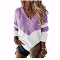 Women's V-neck loose knit sweater with purple and white color block design - Striped Purple