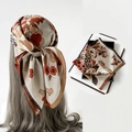Floral satin silk square scarf in beige and orange, displayed on mannequin and in gift box - L7342-Coffee