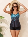 Floral print tankini swimsuit set with racerback top and black boyshorts for women - S / Black Base Blue Floral