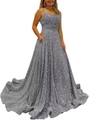 Elegant silver sequin A-line prom dress with thin straps and practical side pockets - US size 2 (S) / Tops / Gray