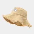 Retro khaki canvas bucket hat with frayed edges and Brooklyn logo patch for street style - One Size / Khaki