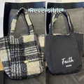 Reversible tote bag with black and white checkered faux fur and black fabric side - Black and White Plaid Plush Style