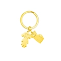 Golden keychain with cute cartoon girl and stretching cat charms in polished metal - 1 Cat 1 Girl / Gold