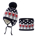 Winter kids knit hat and scarf set with jacquard tree pattern and warm fleece lining - Navy Blue