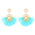 Sky blue fan-shaped tassel earrings with bohemian pearls and golden metal finish - Blue