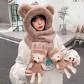 Brown plush bear hooded scarf with gloves three-in-one winter warming accessories - Adult Thickened Bear Version / Khaki