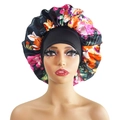 Floral satin sleep bonnet in black with colorful flower print and elastic wide band - Kids / Black Base Large Floral / Black Floral Dark Night Rose (10891)