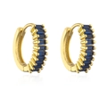 Macro shot of gold-plated huggie hoop earrings with rectangular dark blue stones - Dark Blue