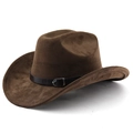 Makro-Detail des braunen Wildleder-Cowboyhuts mit schwarzem Lederband und silberner Metallschnalle - M (56-58cm) / Kaffeebraun