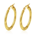 Polished 18K gold plated stainless steel hoop earrings with floral embossed texture - Gold Bamboo Pattern