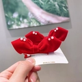 Pair of red velvet bow hair clips with pearls and ribbons for festive girls' hair - Style 12: Pair of Red Rabbit Ear Bows