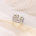Silver multi-layer stainless steel open ring with wave, chain and bead textures - Silver Three-Layer Combo