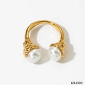 Anillo abierto dorado con dos perlas blancas y engaste de metal estilo barroco - Estilo Abierto de Doble Perla Barroca(KBJ533) / Dorado