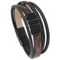 Detail of multi-layer leather bracelet with dark brown bands and black beads buckle - Coffee