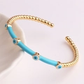 Gold plated bamboo evil eye bracelet with turquoise enamel beads for women - Sky Blue