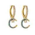 Detailed shot of gold moon earrings with deep blue gemstones and pavé clear zircon crystals - Gold Blue Zircon Moon