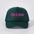 Casquette trucker vert foncé avec slogan rose God is Good et filet respirant - Vert Foncé