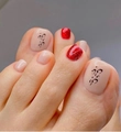 Beige and glitter red press-on toenails with abstract black lines for professional use - 1668-Red Gold Glitter Abstract