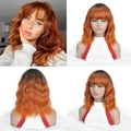 Short wavy bob wig with bangs in ginger copper ombré and dark roots for women - Ombre Copper