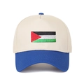 Macro shot of embroidered Palestine flag on two-tone cotton baseball trucker hat - Beige/Royal Blue