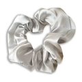 Silver grey satin silk scrunchie with soft pleated texture and elegant high shine finish - Silver Gray