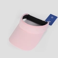 Dettaglio della visiera parasole rosa UV con etichetta UPF 50+ e cinturino regolabile - Taglia unica / Rosa
