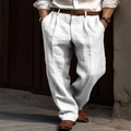 Men's white linen blend trousers with front pleats and straight leg for casual vacations - S / Bottoms / White