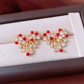 Detail shot of 14k gold plated bow earrings with red beads and sparkling zircons - Silver Pin Gold Red Real Gold Plating