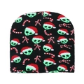 Detail showing knitted texture with green alien motif and candy cane embroidery on black beanie - Alien
