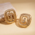 Textured gold square spiral stud earrings with elegant hammered metal finish and artistic design - Spiral Geometric Square / Gold (925 Sterling Silver Earring Post)