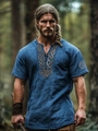 Detailed view of Celtic knot embroidery on a blue Viking-style linen shirt for men - S / Blue (Mid-length Tunic)