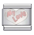 Italian modular charm bracelet link in stainless steel with white heart and pink MY LOVE text - My Love (ICJ466)