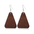 Detail of dark brown triangular wood drop earrings with silver hooks on white base - Style 60