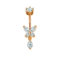 Rose gold butterfly belly button ring with sparkling zircon and teardrop dangle - Style 29