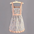 Floral print kitchen apron with lace details and polka dot ruffles on grey background - Strap Floral Princess Style-Double Pocket Blue