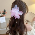 Pink and white gradient flower hair pin with golden chain tassel and pearl detail - 124# Gold (Pink Big Flower)