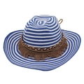 Cappello da cowboy etnico in paglia a strisce bianche blu e fascia in pelle con nappe - Taglia unica(56-58cm) / Blu Bianco Con Corda Antivento (Nappa Caffè)
