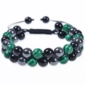 Verstelbare dubbellaagse kralenarmband met groene malachiet en zwarte obsidiaan - Malachiet + Zwarte Magnetische Steen + Obsidiaan / 8mm
