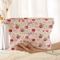 Beige corduroy makeup bag with red cherry and purple bow patterns and zipper - Beige Cherry Purple Bow (DQ211609)