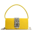 Elegant yellow velvet evening clutch bag featuring a large rhinestone buckle and bead chain - Yellow
