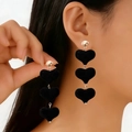 Elegant triple-layered black velvet heart drop earrings with gold metal accents - Black Velvet (S489)